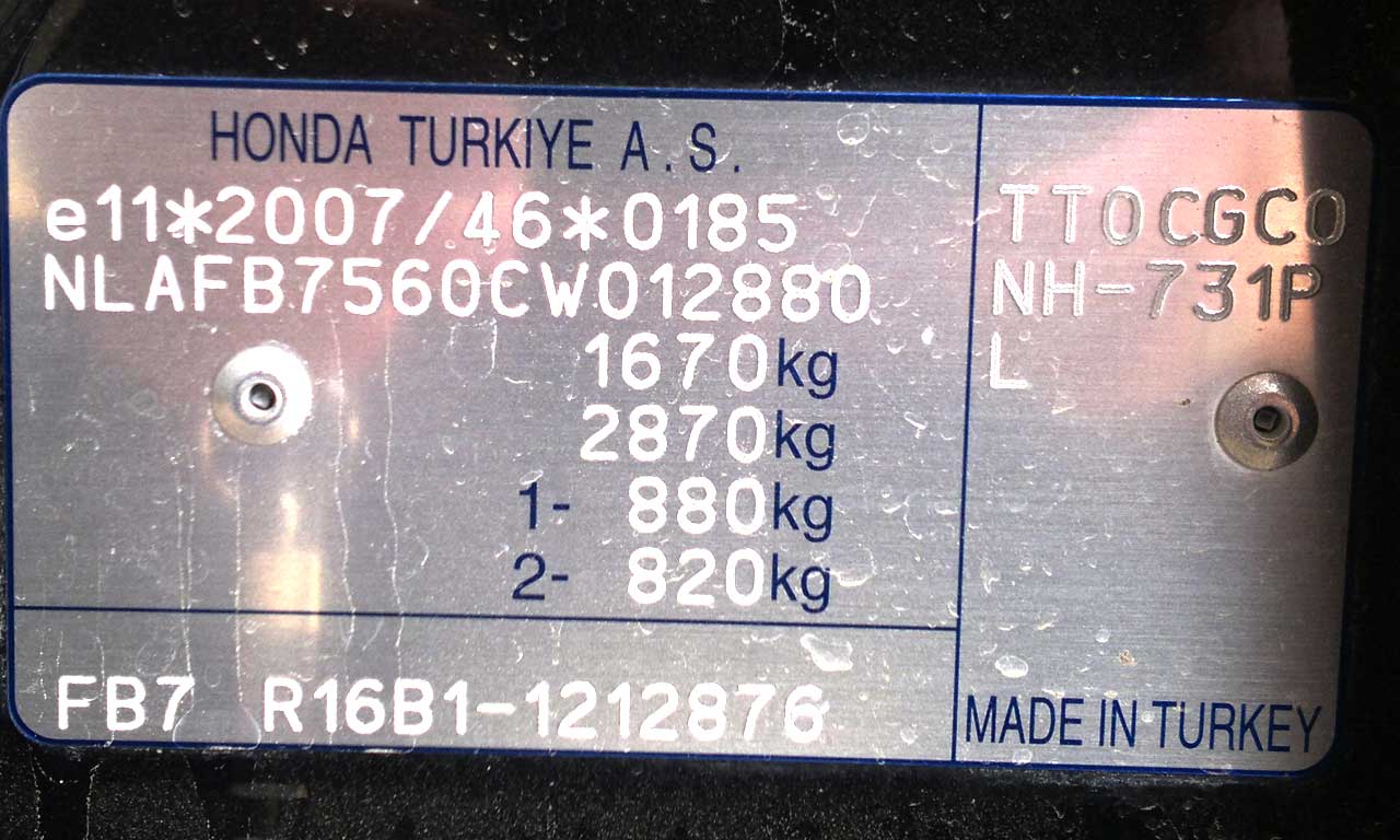 Honda Civic FB7 Boya Kodu Nerede Yazar